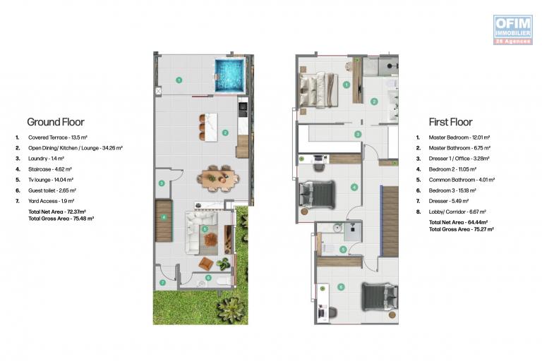 Tamarin for sale 3 bedroom duplex in PDS accessible to foreigners located in the heart of the city close to shops, schools, beach etc...