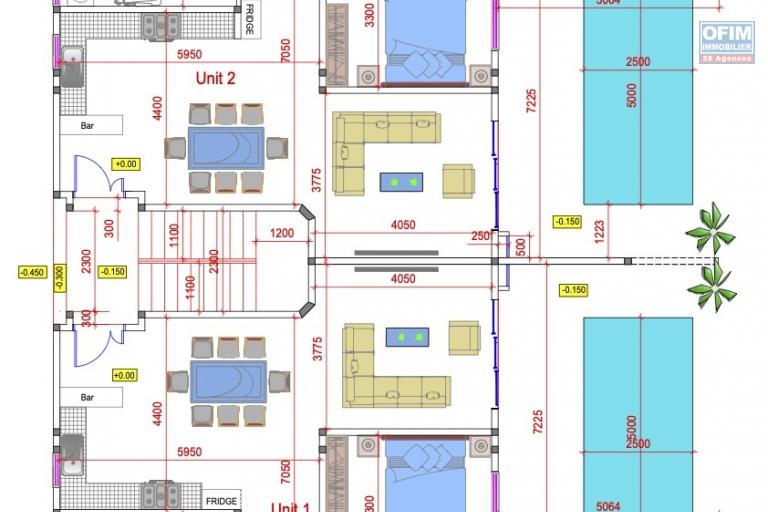 Flic en Flac à vendre projet de 5 appartements 2 chambres + roof top avec piscine commune situé au premier étage dans un quartier résidentiel et calme.